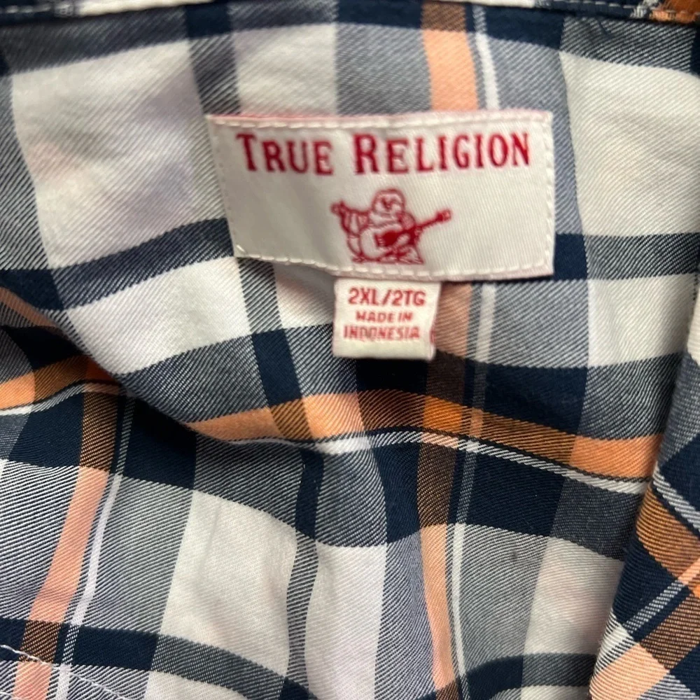 True Religion Shirt Mens 2XL Brown White Plaid Button Western Pearl Snap Casual